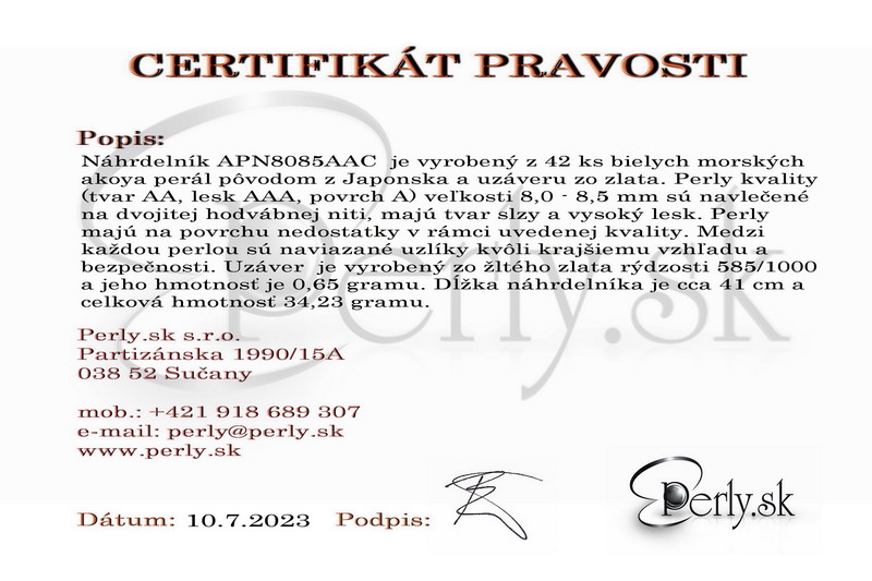 Certifikát pravosti perlových šperkov